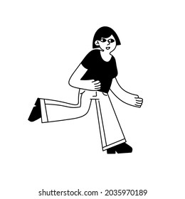 Woman runs. Hurrying character gestures. Flat cartoon illustration isolated on white. Happy girl in active motion.