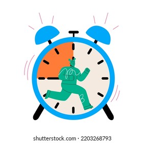 Woman runs like squirrel in wheel, deadline and stressful task, time. Management  concept. Colorful vector illustration 
