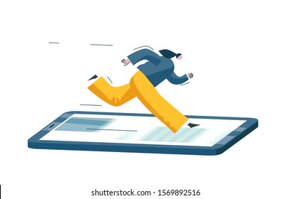 Woman runs on the phone. Metaphor of addiction on social networks. Funny character scrolls web pages. Blue and yellow colored picture. Conceptual vector illustration EPS 10 isolated on white