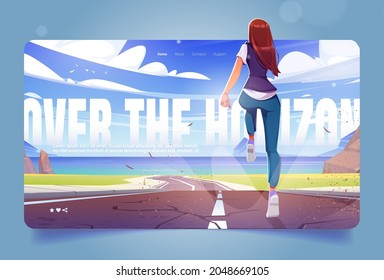 Woman runs on road to sea beach. Concept of reach goals in career and life. Vector landing page with slogan Over the horizon and cartoon illustration of running girl and sea coast landscape