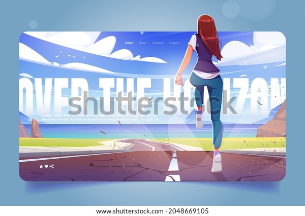 Woman runs on road to sea beach. Concept of\
reach goals in career and life. Vector landing page with slogan\
Over the horizon and cartoon illustration of running girl and sea\
coast landscape