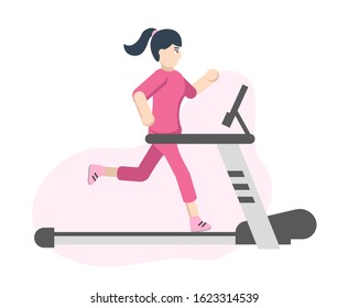 A woman runs on a treadmill. Vector illustration in flat style. Sports, healthy lifestyle.