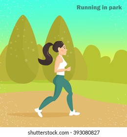 Woman runs in the park. Vector isolated illustration. Cartoon character