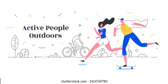 Woman runs a race with a man on a skateboard for fun. Active people having good time outdoors. Concept of healthy lifestyle and sport. Trendy colorful flat and line mixed illustration