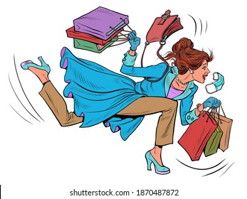 A woman runs to a sale. Discounts in the store. Pop art retro illustration 50s 60s vintage kitsch style