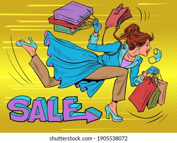 A woman runs to a sale. Discounts in the store. Pop art retro illustration 50s 60s vintage kitsch style