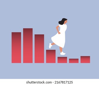 Woman runs to Stock Market and Exchange. Flat vector stock illustration. Economic crisis graph, infographic or financial chart