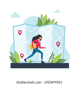 woman runs towards geolocation. GPS navigation service application. maps, get directions metaphors. Vector isolated concept metaphor illustrations. Get directions abstract concept