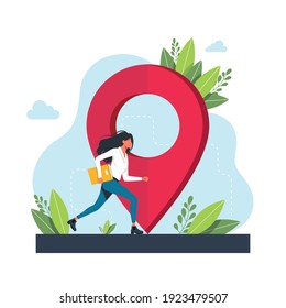 woman runs towards geolocation. GPS navigation service application. maps, get directions metaphors. Vector isolated concept metaphor illustrations. Get directions abstract concept