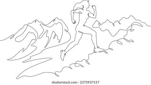 The woman runs up. Cross country running. Mountain landscape. The girl runs up the mountain. One continuous line. Linear. Hand drawn, white background