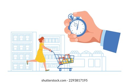 Woman Rushes With Shopping Cart In Supermarket, Trying To Make Most Of Limited Time Sale. She Grabs Various Products