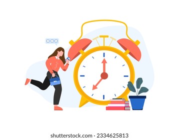 Woman rushing to work. Time management. Timely performance of tasks and achievement goals. Cartoon character planning project tasks. Flat vector illustration in cartoon style