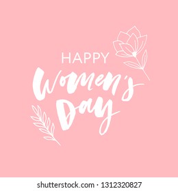 Woman s Day text design with flowers and hearts on square background. Vector illustration. Woman s Day greeting calligraphy design in pink colors. Template for a poster, cards, banner