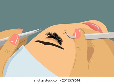 Woman s face. Eyelash Extension. Procedure for eyelash extension. Master tweezers add the false or fake cilia to the client. Stock vector illustration