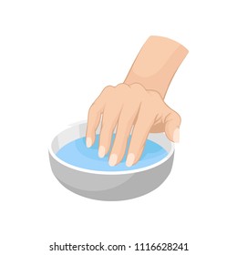 Woman s hand in bowl with water. Illustration about professional care for nails. Flat vector for advertising poster of spa treatment