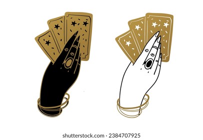 La mano de una mujer sostiene un mazo de cartas Tarot. Conjunto de iconos en color negro y oro. El concepto de adivinanza, brujería, destino, juego de cartas. Ilustración vectorial aislada en fondo blanco.