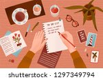 Woman s hands holding pen and writing down goals to achieve in notepad or making To Do List. Top view. Effective personal planning and organization. Colorful vector illustration in flat cartoon style.