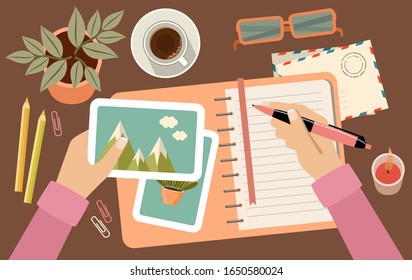 Woman s hands holding pen and writing in diary. Personal planning and organization. Workplace. Vector flat illustration