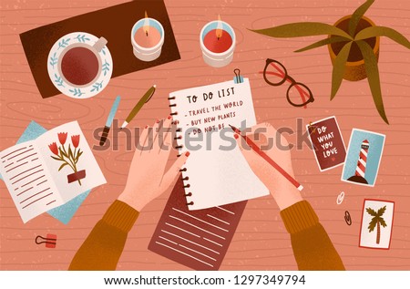 Woman s hands holding pen and writing down goals to achieve in notepad or making To Do List. Top view. Effective personal planning and organization. Colorful vector illustration in flat cartoon style.