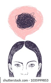 Woman s head, thought bubble and scribbles inside it hand drawn with contour lines on white background. Concept of inner confusion, difficulty, mess, chaos, chaotic mind. Vector illustration