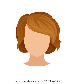 Woman s head with trendy hairstyle. Short brown hair. Fashionable female haircut with bang. Flat vector icon