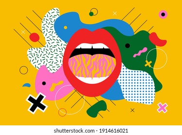 Woman S Lips Background. Pop Art Retro Mouth Comic Design, Modern Color Lipstick Stickers. Vector Cartoon Art