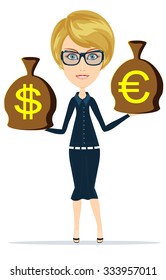 Woman with sacks of money on white. Stock Vector illustration.