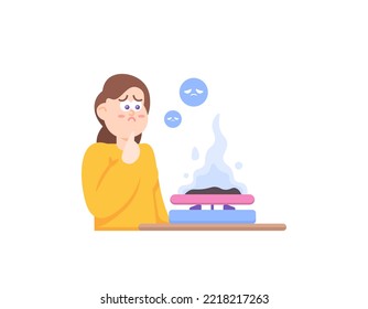 A Woman Is Sad Because Her Food Is Burnt. Can't Cook. Burnt Food. Cartoon Character. Illustration Design. Graphic Elements