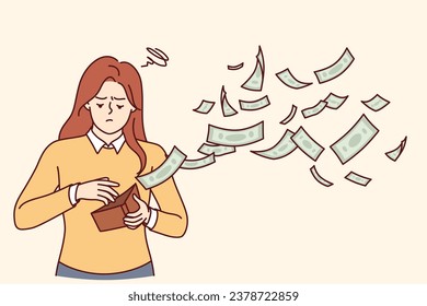 Woman is sad because of money flying out of wallet, symbolizing unplanned expenses or interest on loan. Frustrated girl needs financial literacy courses to learn how to save money.