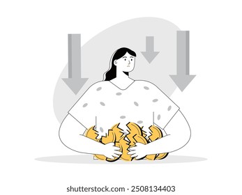 Woman sad because trading money burnt. Business loss. Character design. Vector flat illustration