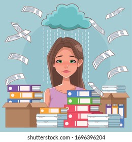 woman sad with cloud rainy and pile documents vector illustration design