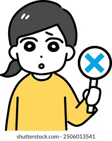 A woman with a sad expression holding a cross placard