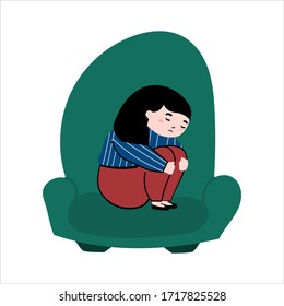 A woman with a sad expression on her face sitting on a chair. The girl is sad. Above the girl's head, thoughts form a tangled line.isolated vector Illustrations on a white background.