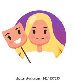 Woman with a sad face behind happy mood mask. Hiding real emotion and pretend. Psychology concept. Vector illustration in cartoon style