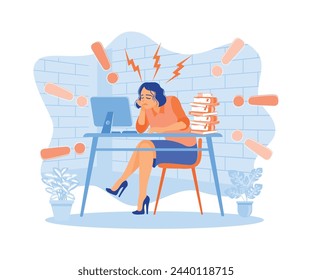 A woman with a sad face in front of the computer. Stress because there is a lot of work piling up on the table. Stress concept. Flat vector illustration.