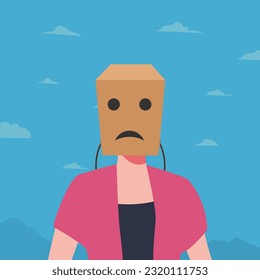 Woman and sad face paper bag in head design vector