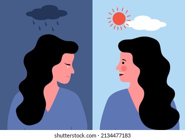 Woman in sad and happy mood in flat design. Positive and negative thinking. Mental health care concept.