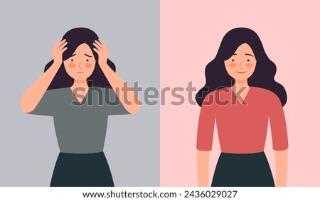 Woman in sad and happy mood in flat design. Positive and negative thinking. Mental health care concept.