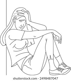 Woman in sad mood, emotion female hand drawn in thin line style