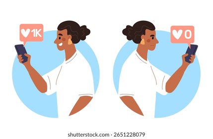 Uma mulher triste, sem nenhuma reação em seu post nas redes sociais e alegra-se com o número de curtidas. Popularidade do conteúdo. Influenciador com smartphone. Seguidores da sociedade. Promoção de blogueiros. Conceito de vetor