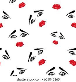 Woman sad vector emoticons, emoji, smiley icons, characters. Fashion illustrated women's emotional faces seamless pattern.