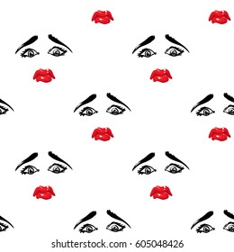 Woman sad vector emoticons, emoji, smiley icons, characters. Fashion illustrated women's emotional faces seamless pattern.