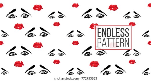 Woman sad vector emoticons, emoji, smiley icons, characters. Fashion illustrated women's emotional faces seamless pattern.