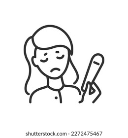 Woman is saddened by one line on pregnancy test, linear icon. no pregnancy. Line with editable stroke