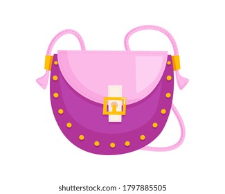 Woman Saddle Bag. Isolated Female Fashion Accessory. Beautiful Woman Handbag Glamour Style Design With Shoulder Strap And Buckle. Pink Lady Saddle Hand Bag Icon