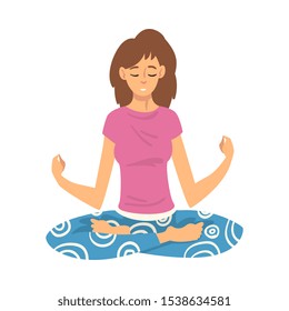 Woman safe the balance with meditation, relaxation cartoon vector illustration