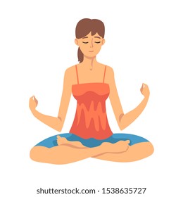 Woman safe the balance with meditation, relaxation cartoon vector illustration