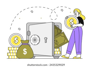 Woman with safe doodle. Young girl with bankonotes and golden coins. Financial literacy. Budgeting and accounting. Simple flat vector illustration isolated on white background