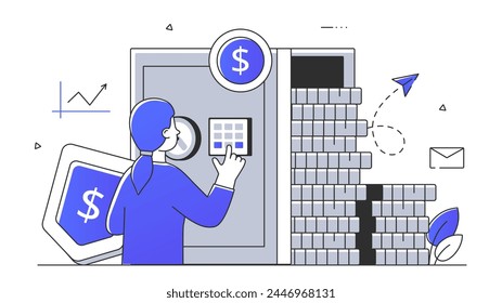 Woman with safe linear. Young girl near paper currency, banknotes and golden coins. Protection of money and savings. Financial literacy. Doodle flat vector illustration isolated on white background