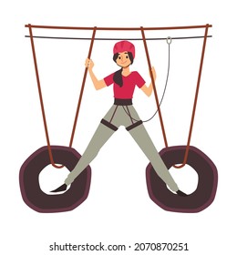 Woman in safety equipment overcoming rope park route, flat vector illustration isolated on white background. Woman walking on hanging tires in rope park.